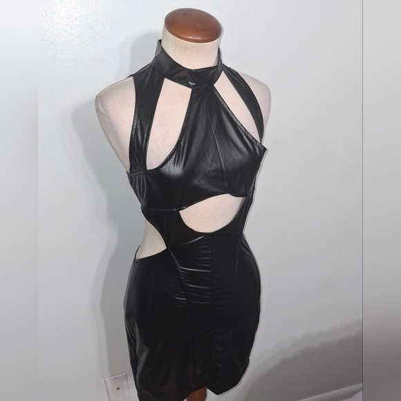 Black Faux Leather Mini Dress- W Sz Medium - Picture 2 of 9
